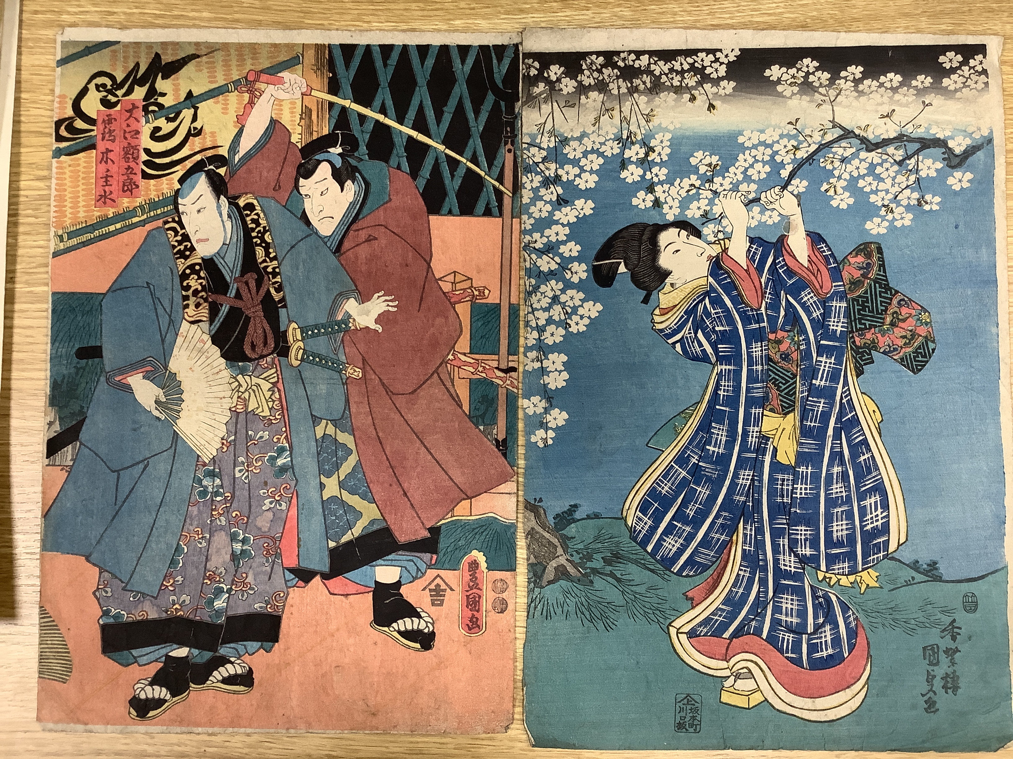 Eleven Japanese woodblock prints including one after Utagawa Kuniyoshi and one after Yanagawa Shigenobu, unframed, 37 x 25cm